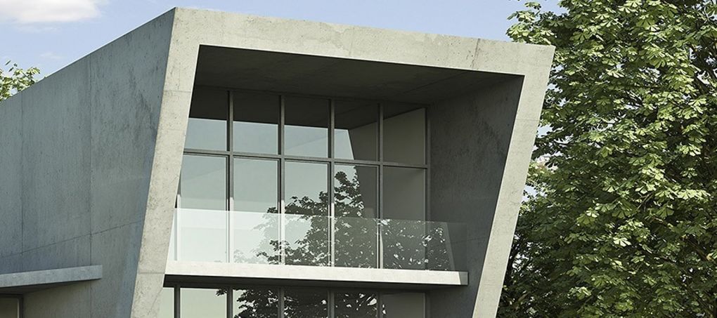 Moderna costruzione in pietra con finestra in alluminio