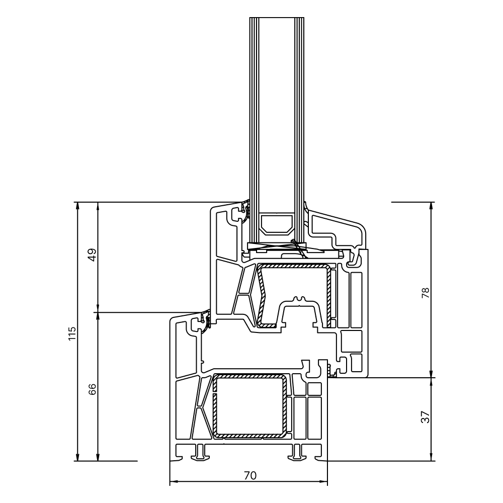 Sezione del profilo in PVC Kömmerling 70 AD