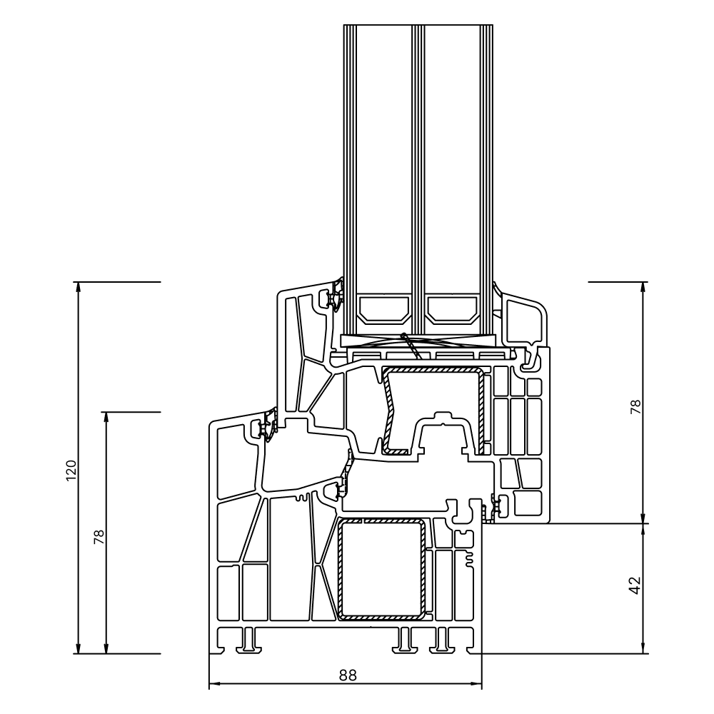 Sezione del profilo in PVC Kömmerling 88 MD