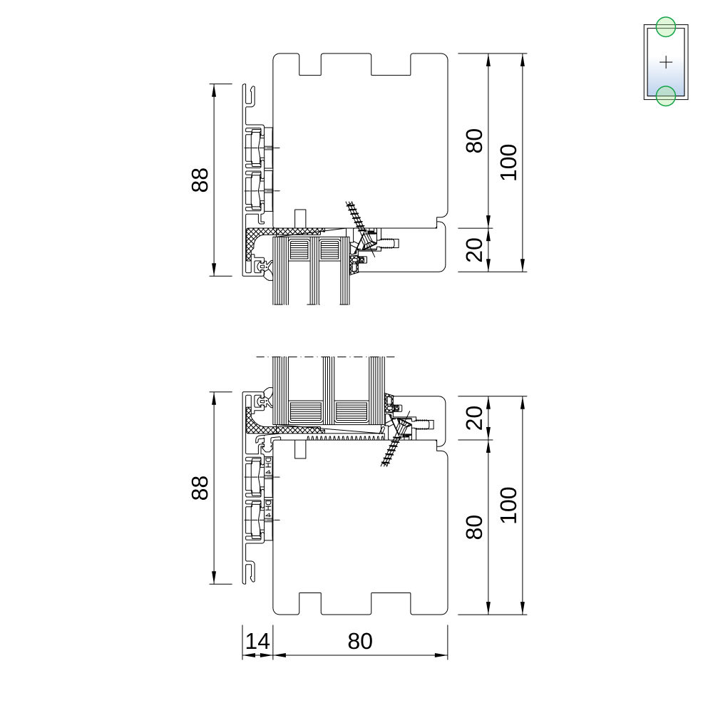 Sezione del profilo: IDEAL Plano 80 vetrata fissa Sezione del profilo: IDEAL Plano 80 vetrata fissa
