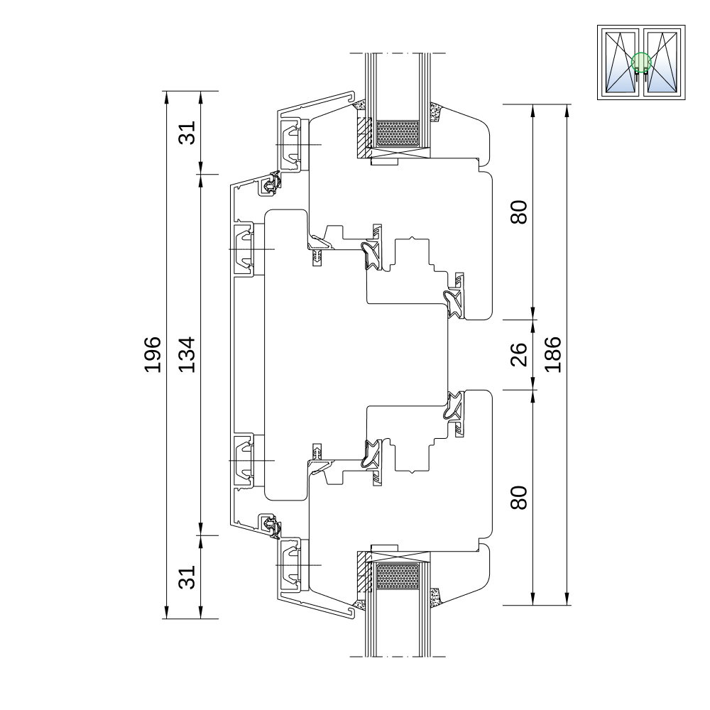 Sezione del profilo: IDEALU Classicline IV 68 montante fisso Sezione del profilo: IDEALU Classicline IV 68 montante fisso