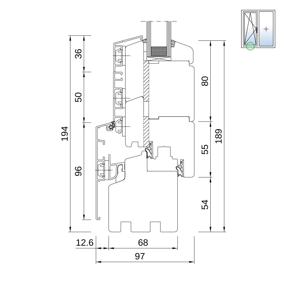 Sezione del profilo: IDEALU Classicline IV 68 con soglia alta Sezione del profilo: IDEALU Classicline IV 68 con soglia alta