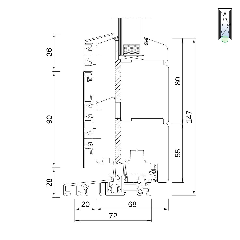 Sezione del profilo: IDEALU Classicline IV 68 con soglia ribassata Sezione del profilo: IDEALU Classicline IV 68 con soglia ribassata