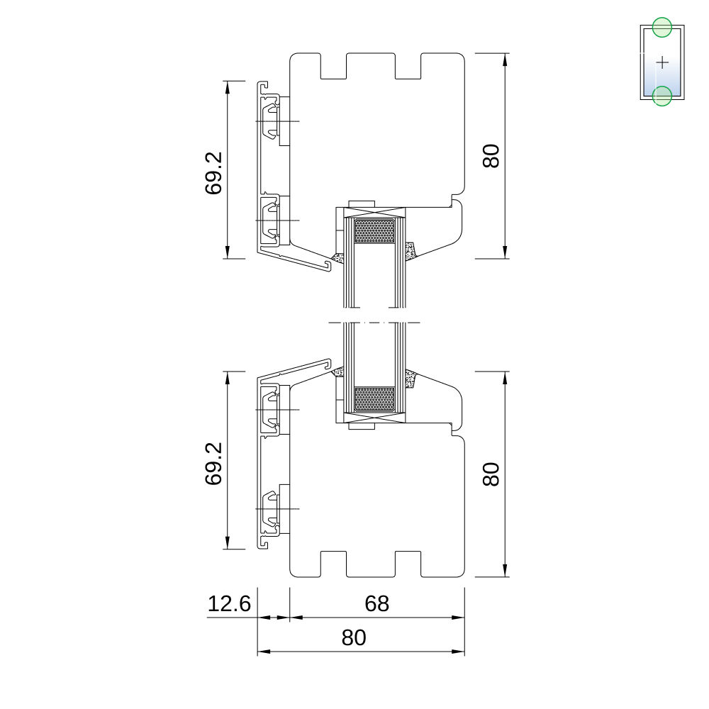 Sezione del profilo: IDEALU Classicline IV 68 vetrata fissa Sezione del profilo: IDEALU Classicline IV 68 vetrata fissa