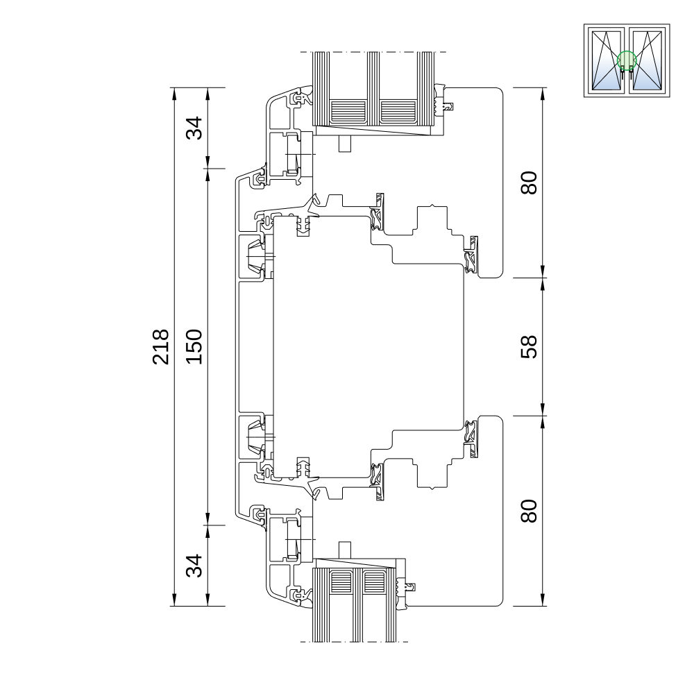 Sezione del profilo: IDEALU Classicline IV 80 montante fisso Sezione del profilo: IDEALU Classicline IV 80 montante fisso
