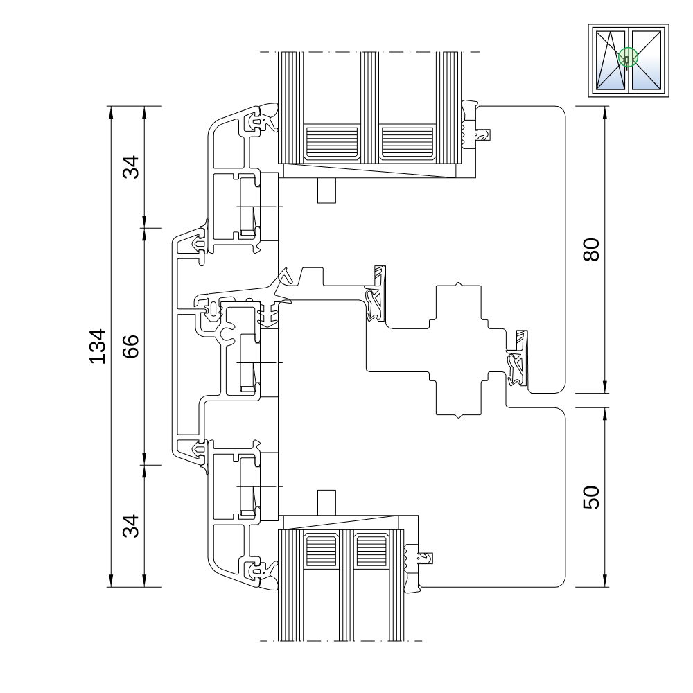 Sezione del profilo: IDEALU Classicline IV 80 montante mobile Sezione del profilo: IDEALU Classicline IV 80 montante mobile