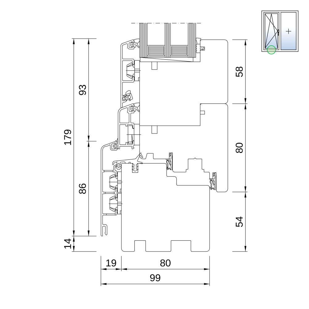 Sezione del profilo: IDEALU Classicline IV 80 con soglia alta Sezione del profilo: IDEALU Classicline IV 80 con soglia alta