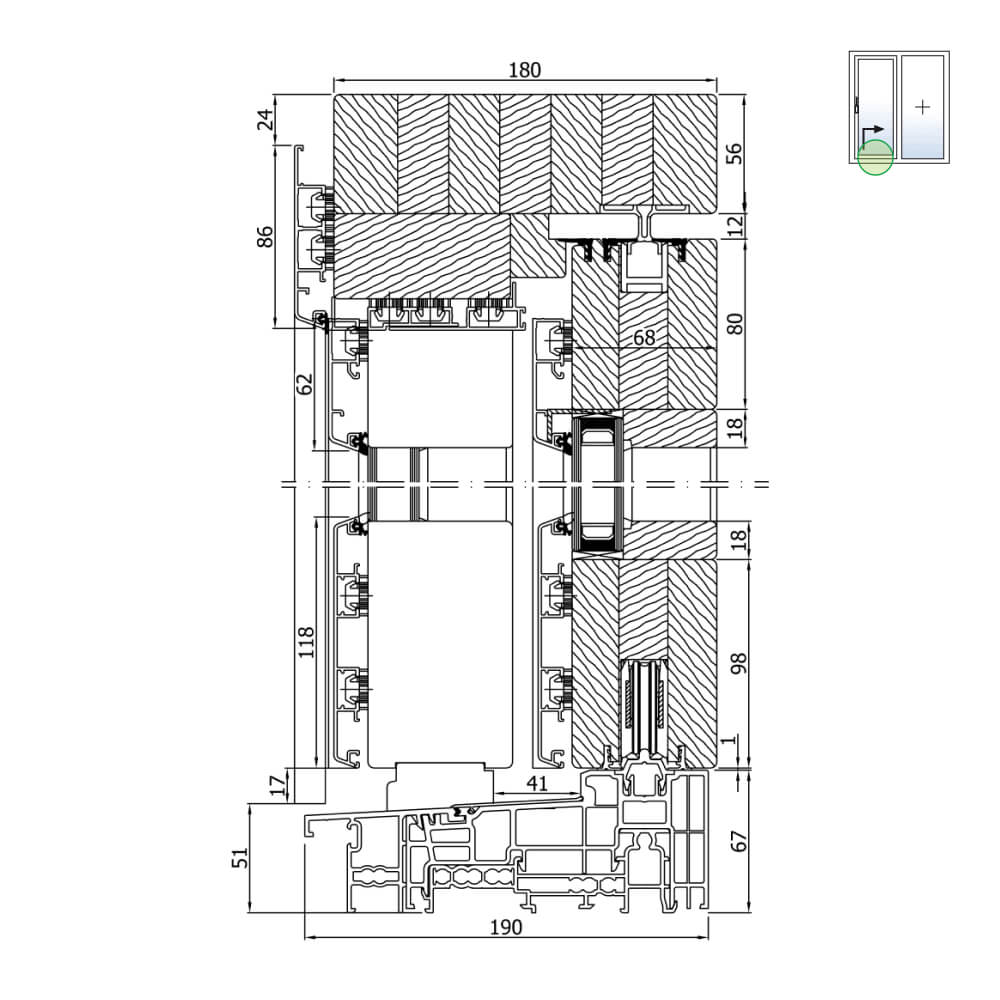 Porta alzante scorrevole Idealu IV68 Schema A altezza sezione con soglia 67mm