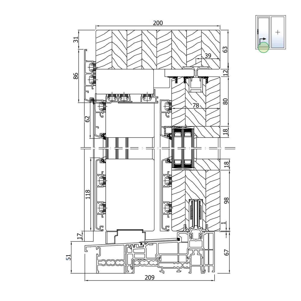 Porta alzante scorrevole Idealu IV78 schema A altezza sezione con soglia 67mm