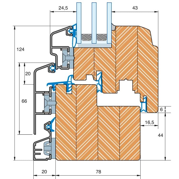 Schizzo della sezione della finestra in legno-alluminio IDEALU Trendline 78