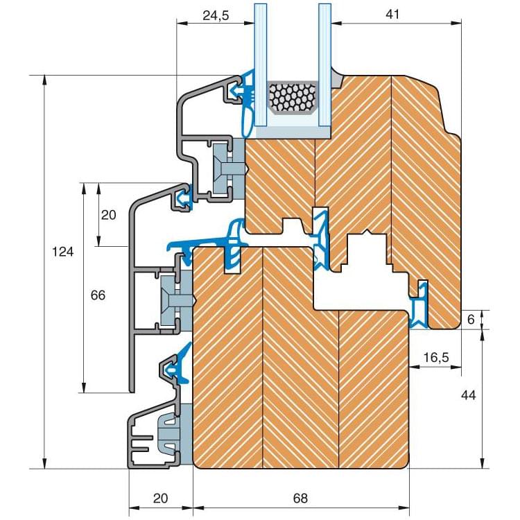 Sezione del profilo legno-alluminio Idealu Trendline 68