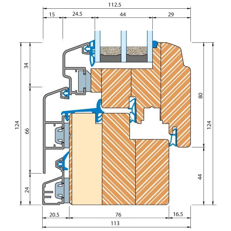 Sezione del profilo di una finestra in legno-alluminio ECO Idealu Trendline