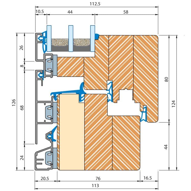 Sezione del profilo di una finestra in legno-alluminio ECO IDEALU Plano