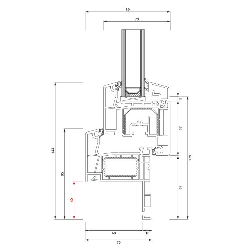 Sezione del profilo in PVC aluplast IDEAL 4000 Restauro 40x80 mm