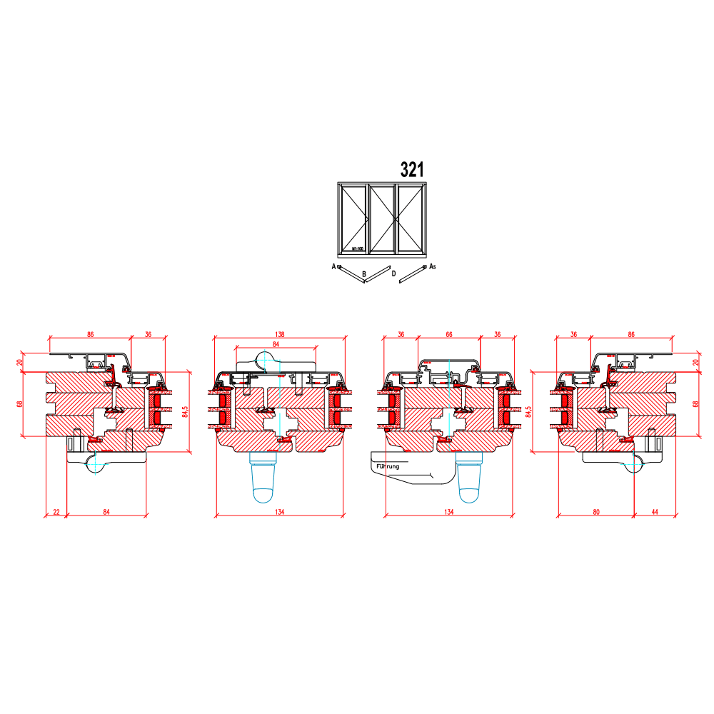 Porta scorrevole ad impacchettamento in legno-alluminio - Schema 321