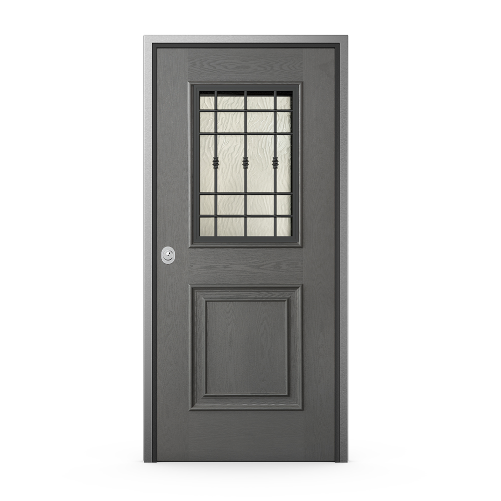 Porta blindata grigia con vetro antisfondamento