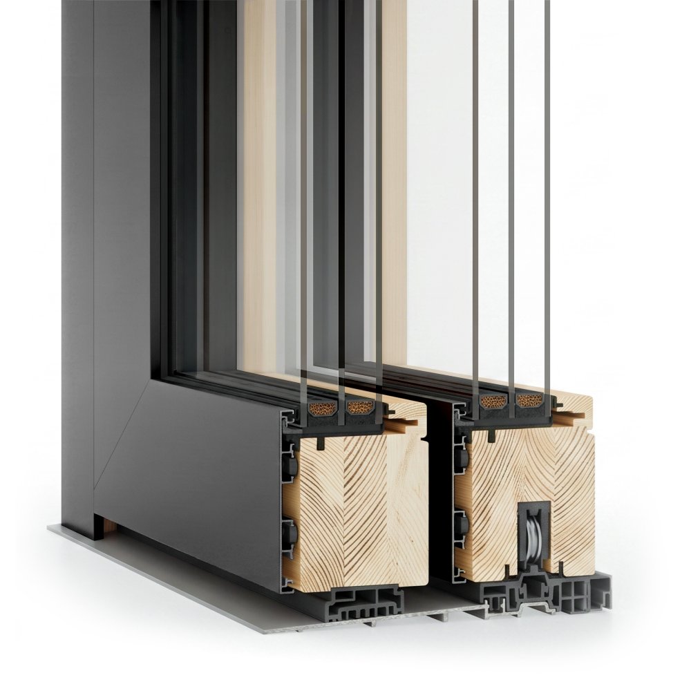 Profilo in legno-alluminio IDEALU IV 80 per porta alzante scorrevole in pino effetto naturale