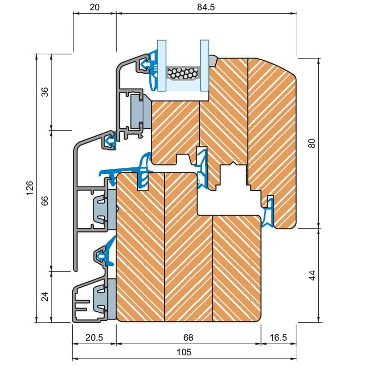 Sezione del profilo in legno-alluminio IDEALU Classicline IV 68