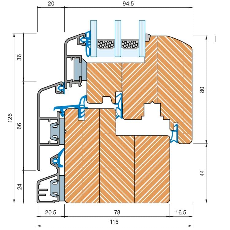 Sezione del profilo in legno-alluminio IDEALU Classicline 78